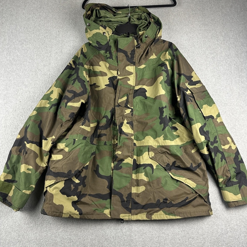 Vintage US Military ECWCS Parka Jacket Mens Large Short Woodland Camo Zip READ